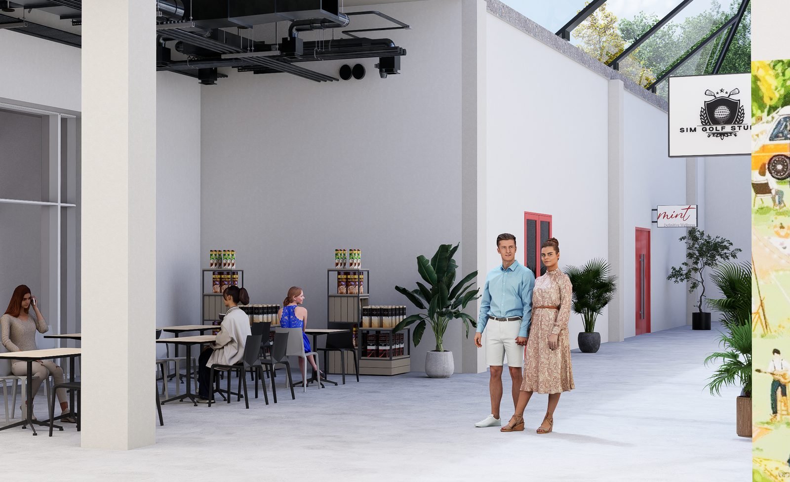 Rendering of tables and studio doors inside The Core