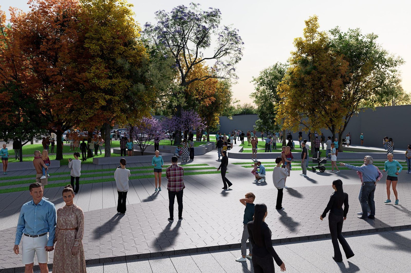 Rendering of the planned central park at Stewart Village: lawns, mature trees and people gathered in late light