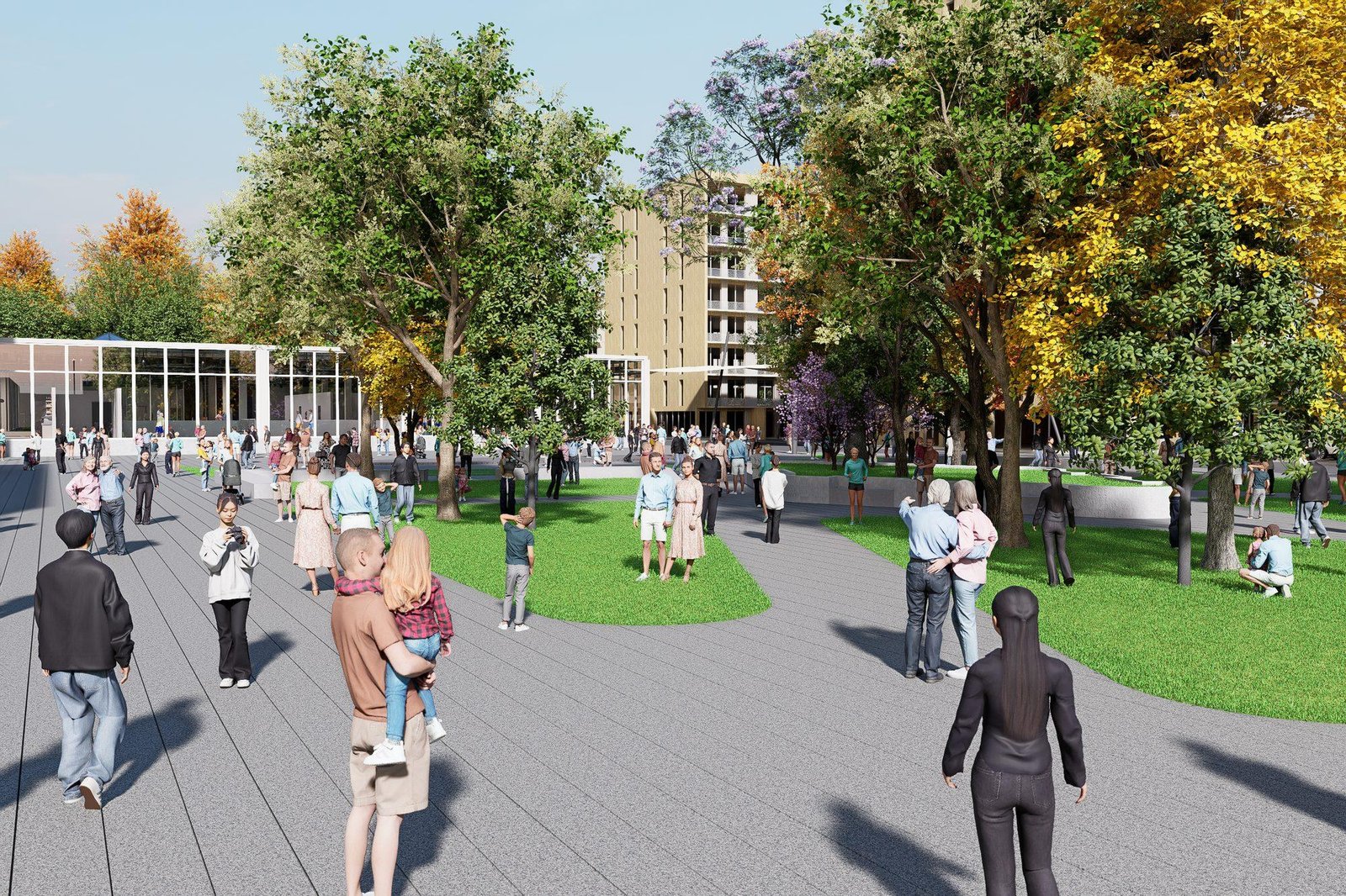 Rendering of the planned central park, with residents walking between the lawn and The Core