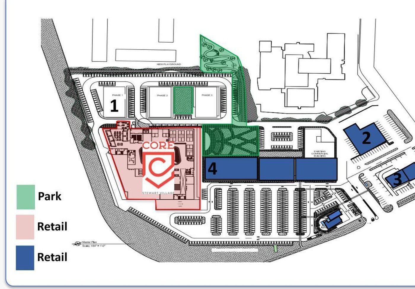 Stewart Village master plan drawing: residential phases at the north, central park, The Core, and retail parcels along Stewart Boulevard